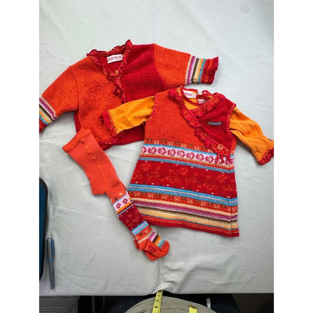 Clayeux Enfant Girls 4pc Red Orange Knit Dress Cardigan Tights Set 9M France